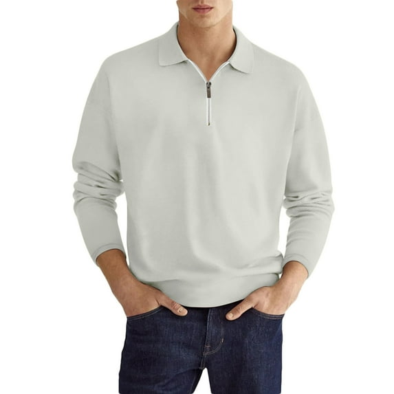 KeShDi Men's T-Shirts Men's Solid Color Sport Shirt with Zip-Up Lapel Long Sleeve Lapel Top/Shirt Gray L