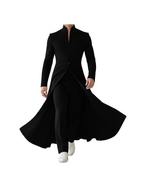 Men's Winter Coats Overcoat Stand Collar Casual Gothic Trench Outfits Tailcoat Extra Long Flared Hem Blazer Vintage Pirate Halloween Costume Black XS