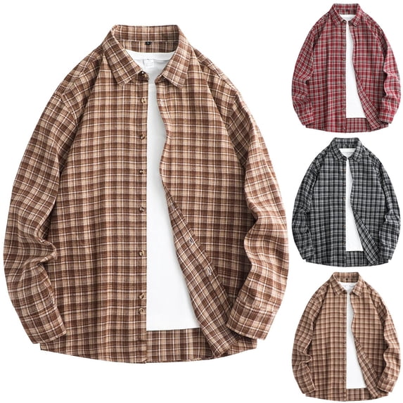 KeShDi Mens 3x Flannel Shirts Men's Vintage Casual Check Button Lapel Fashion Long Sleeve Shirt Red 2X