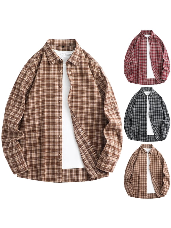 Mens 3x Flannel Shirts Men's Vintage Casual Check Button Lapel Fashion Long Sleeve Shirt Red 2X