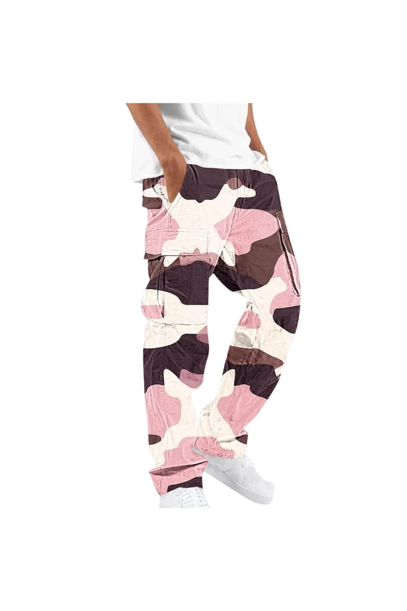 Mens Camo Tactical Pants Baggy Stretch Water Resistant Ripstop Edc Work Hiking Jogger Cargo Workwear Pants Functional Hunting Gear Outdoor Commuting Casual Pink L