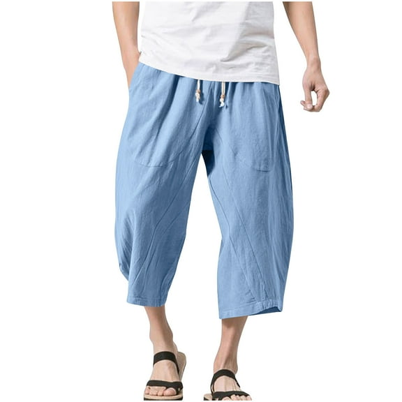 KeShDi Mens Cargo Work Pants Men's Summer Cotton and Linen Solid Color Breathable and Comfortable Lace Up Straight Leg Capris Sky Blue 5X