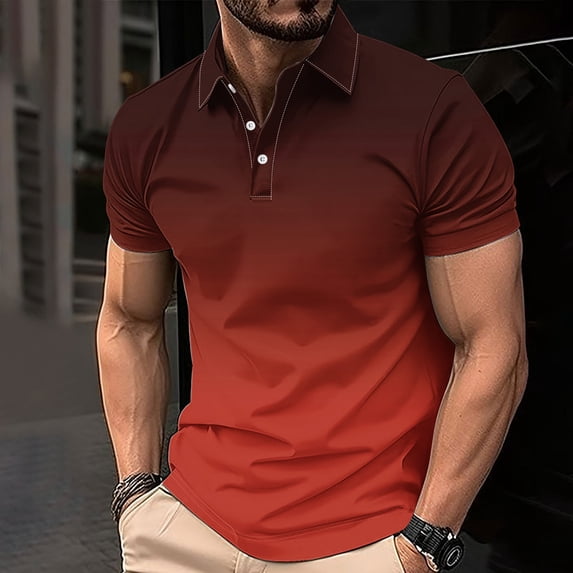 KeShDi Mens Collared Shirts Short Sleeve Casual Gradient Lapel Button Up T-shirt Top Red L