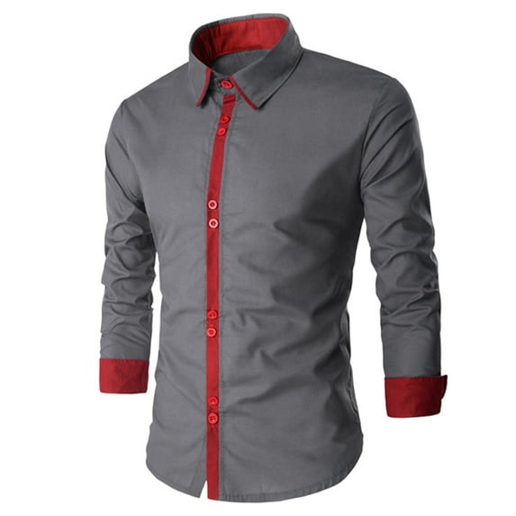KeShDi Mens Dress Shirts Mens Slim and Fashionable Color Blocking Collar Long Sleeved Shirt Gray XL