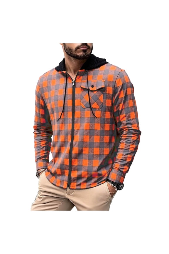 Mens Flannel Jacket Flannel Shirt for Men's Fashion Hooded Long Sleeve Full Zipper Button Pocket Plaid Shirt Top Orange L