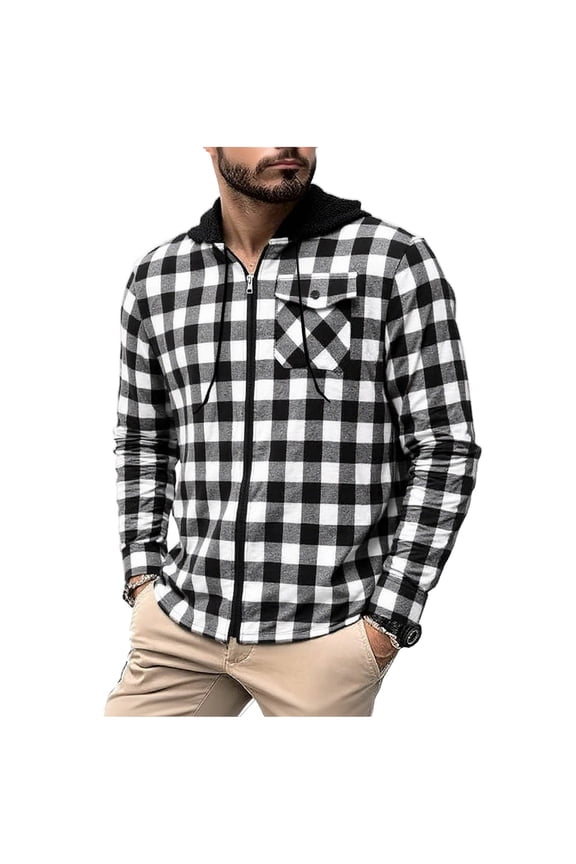 Mens Flannel Jacket Flannel Shirt for Men's Fashion Hooded Long Sleeve Full Zipper Button Pocket Plaid Shirt Top White L