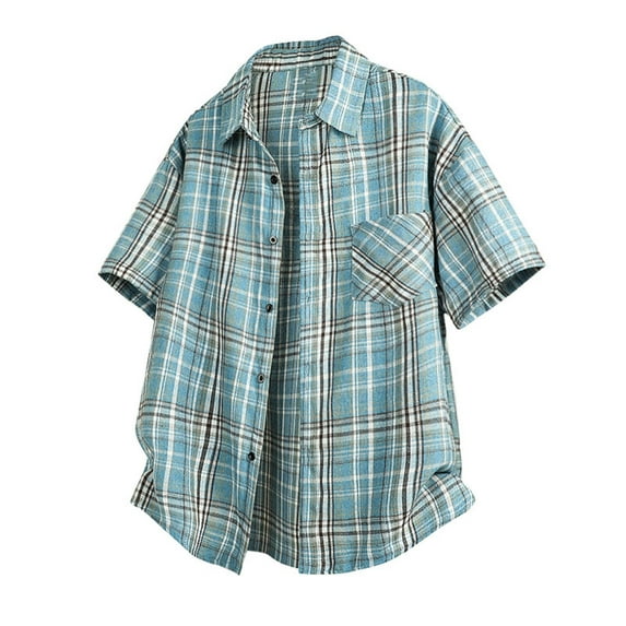 KeShDi Mens Flannel Men's Casual Short Sleeve Vintage Beach Summer Button Blouse Shirt Blue 4X