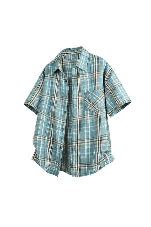Mens Flannel Men's Casual Short Sleeve Vintage Beach Summer Button Blouse Shirt Blue L