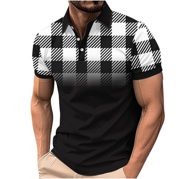 KeShDi Mens Flannel Men's Printed Casual Short Sleeved Lapel Top/shirt Black S