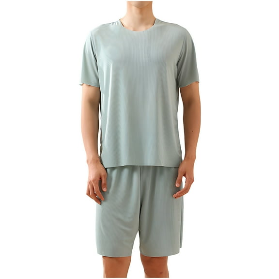 KeShDi Mens Flannel Pajamas Men's Thin Pajama Home Suit Men's Loose Short Sleeved Shorts Home Suit Pajama Set Army Green 4X