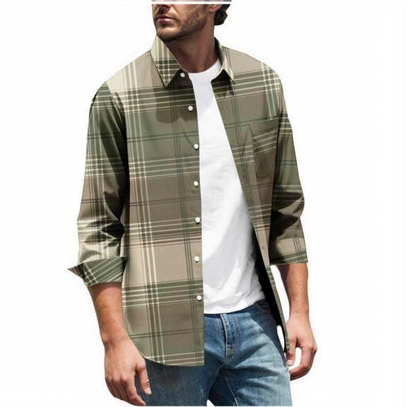 KeShDi Mens Flannel Shirt Men Casual Fashion Button Checkered Print Long Sleeve Turndown Elastic Blouse Shirt Khaki S