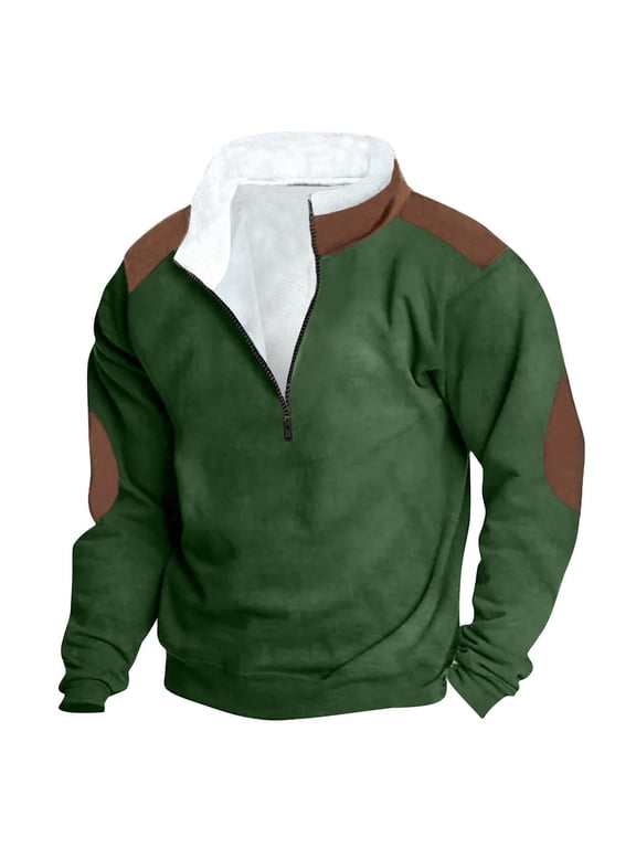 Mens Flannel Shirt Men Winter Zipper Casual Long Sleeve-Neck Sweatshirt Green 3X
