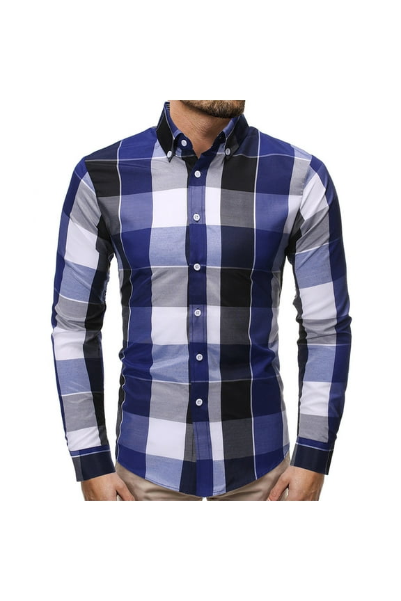 Mens Flannel Shirt Men's Casual and Fashionable Business Cardigan with Contrasting Plaid Slim Fitting Long Sleeved Shirt Blue 3X