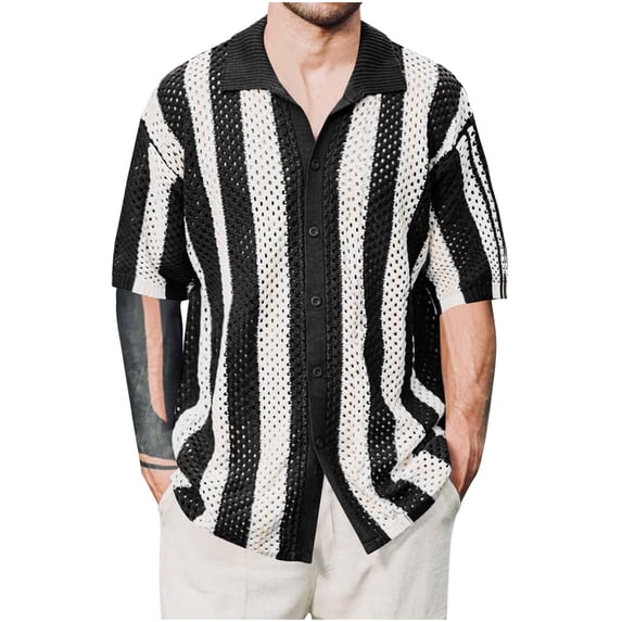 KeShDi Mens Flannel Shirt Men's Spring and Summer Casual Knitted Patchwork Striped Shirt Black S