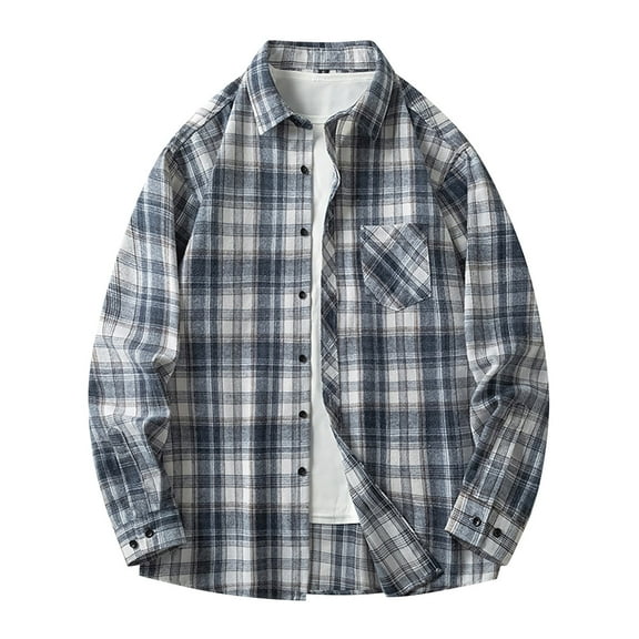 KeShDi Mens Flannel Shirt Style Men Casual Fashion Pockets Button Lapel Sleeve Blouse Coat Black L