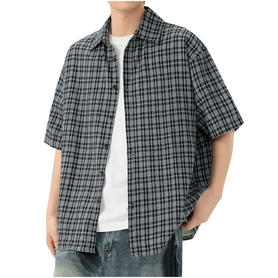 KeShDi Mens Flannel Shirt Summer Men's Casual Fashion Stripe Short Sleeved Lapel Top/ T-shirt Black L