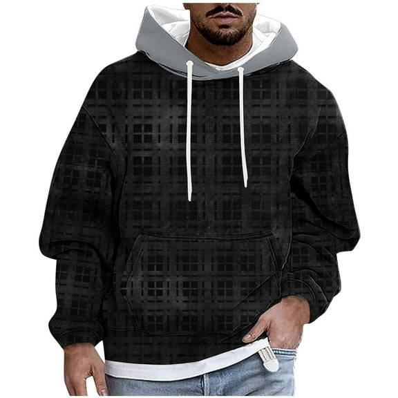 KeShDi Mens Flannel Shirts Long Sleeve Men's Fashion Print Leisure Draw Rope Hooded Sweatshirt Hooded Hoodie Black 3X