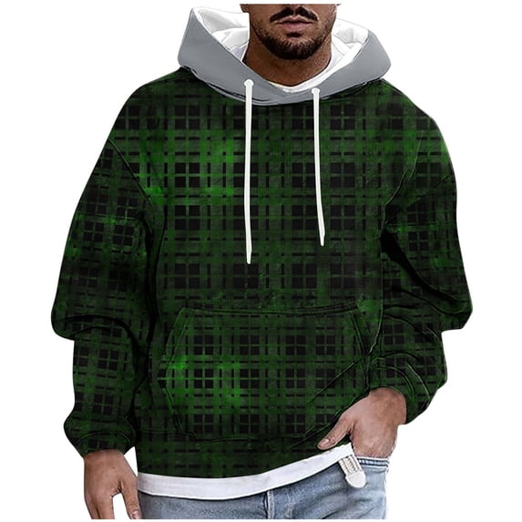 KeShDi Mens Flannel Shirts Long Sleeve Men's Fashion Print Leisure Draw Rope Hooded Sweatshirt Hooded Hoodie Green L