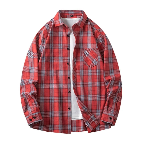 KeShDi Mens Flannel Shirts Long Sleeve Style Men Casual Fashion Pockets Button Lapel Sleeve Blouse Coat Red M