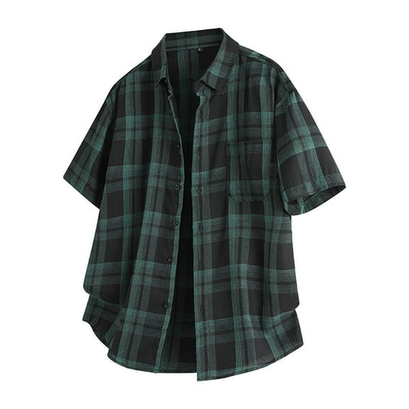 KeShDi Mens Flannel Shirts Men Fashion Casual Button Pockets Lapel Short Sleeve with Blouses Army Green L