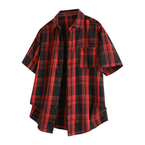 KeShDi Mens Flannel Shirts Men Fashion Casual Button Pockets Lapel Short Sleeve with Blouses Red L