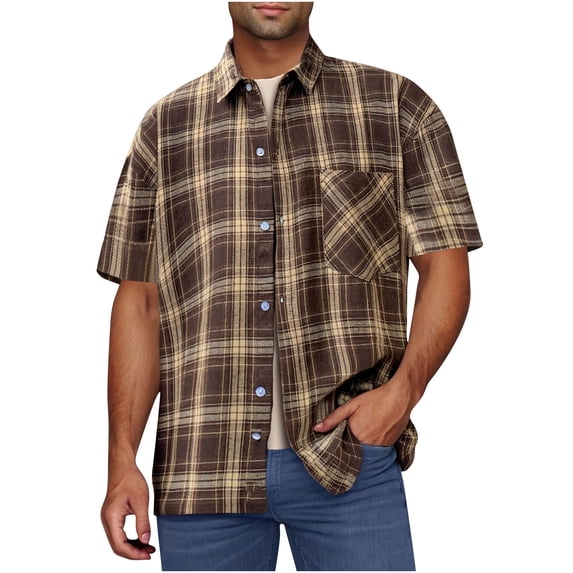 KeShDi Mens Flannel Shirts Men's Casual Check Button Pocket Lapel Fashion Short Sleeved Shirt Khaki 2X