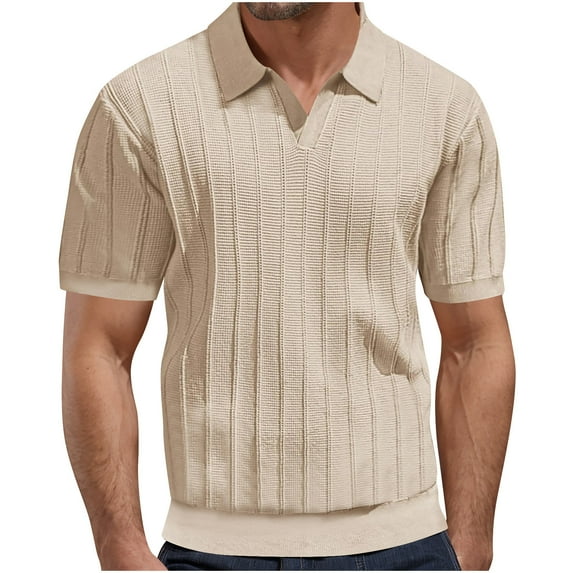 KeShDi Mens Flannel Shirts Men's Mesh Hole Hollowed Out Striped Knitted Short Sleeved T-shirt V-neck Solid Color Shirt Beige 3X