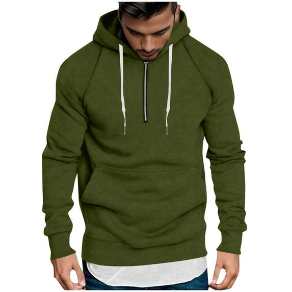 KeShDi Mens Fleece Jacket Men Solid-Color Pocket Hooded Drawstring Half-Zipper Top Pullover Sports Jacket Hooded Sweatshirts Army Green 2X