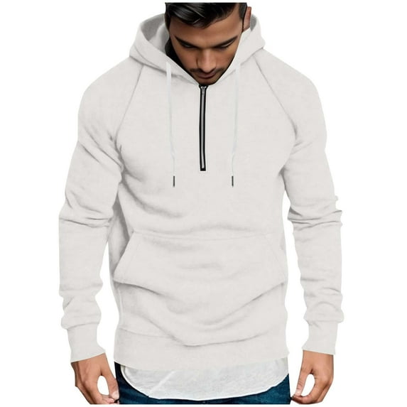 KeShDi Mens Fleece Jacket Men Solid-Color Pocket Hooded Drawstring Half-Zipper Top Pullover Sports Jacket Hooded Sweatshirts White M