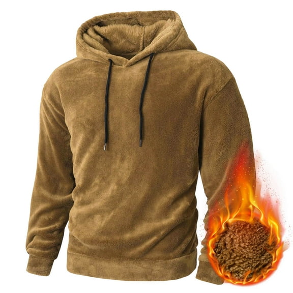 KeShDi Mens Hoodies Fleece Hoodie Men's Winter Round Neck Hooded Sweatshirt Warm and Loose Solid Color with Fleece Men's Hooded Top Brown S