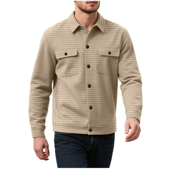 KeShDi Mens Jacket Mens Jackets Men Casual Fashion Button Cardigan Flip Collar Pullover Hoodie Sweatshirt Double Pockets Sweatshirt Coat Khaki S