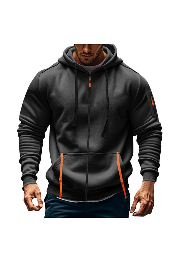 Mens Jackets Men's Cargo Solid Color Multiple Pockets Sports Ditness Training Long Sleeved Hooded Casual Jacket Dark Gray 2X