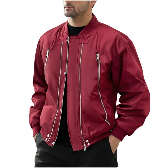 KeShDi Mens Jackets Men's Solid Color Long Sleeved Stand Up Collar Zipper Cardigan Workwear Jacket Red 2X