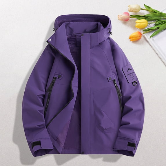 KeShDi Mens Jackets Men's Solid Color Outdoor Climb Sport Run Pocket Zipper Long Sleeved Hooded Purple XL