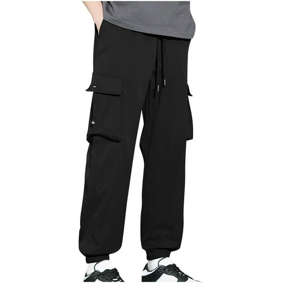 KeShDi Mens Jogger Pants Men's Fashion Trend Loose Hip Hop Sporty Casual Multi-pocket Footie Cargo Pants Black L