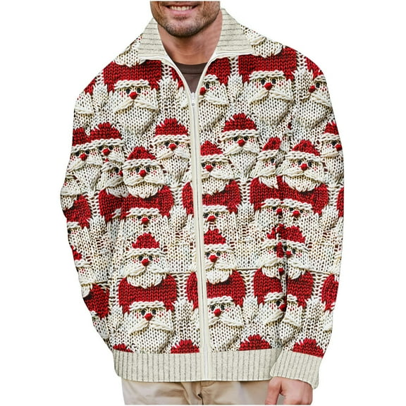 KeShDi Mens Leather Jacket Men's Christmas Print Warm Christmas Full Zip Cardigan Long Sleeve Hoodless Casual Coat Beige 5X