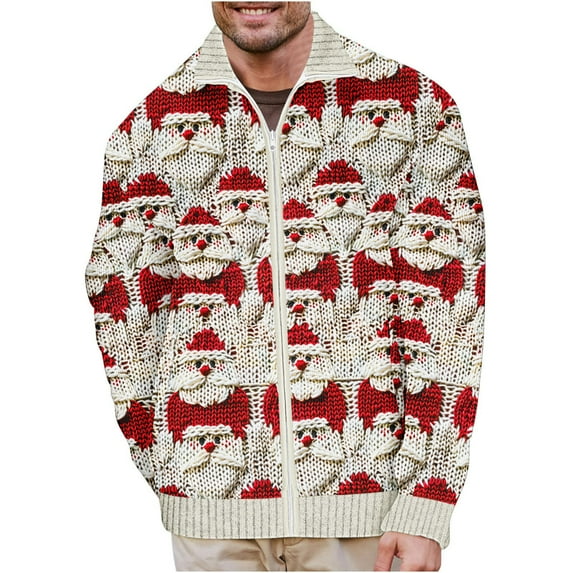 KeShDi Mens Leather Jacket Men's Christmas Print Warm Christmas Full Zip Cardigan Long Sleeve Hoodless Casual Coat Beige M