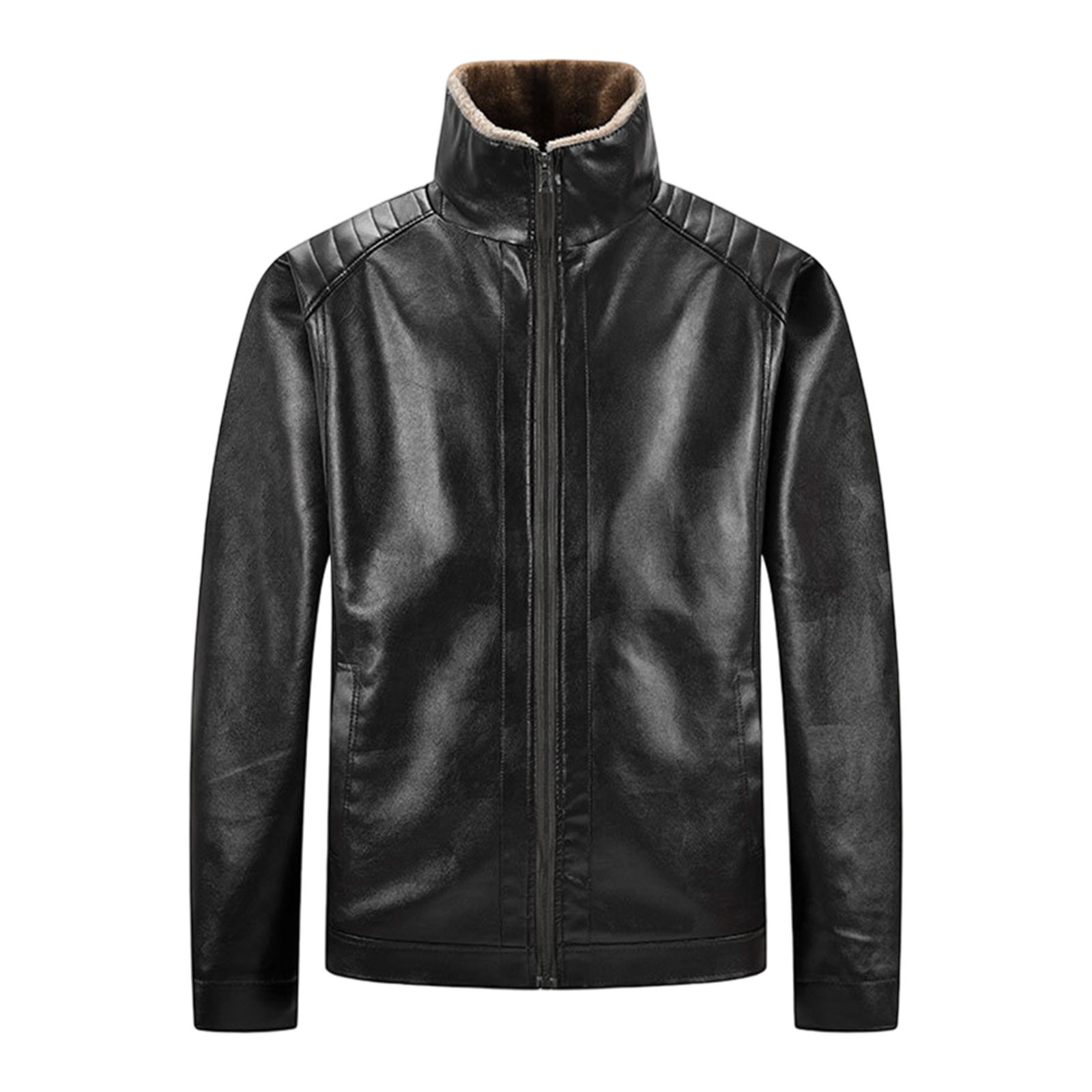 KeShDi Mens Leather Jacket Men's Solid Color Thick Warm Long Sleeved Stand Up Collar Zipper Cardigan Jacket Black 2X