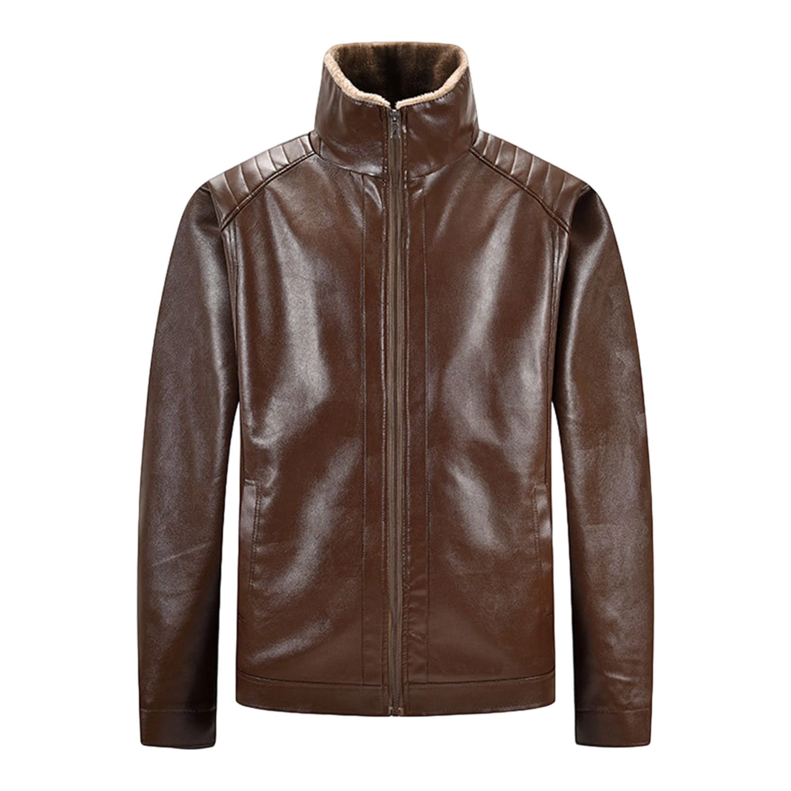 KeShDi Mens Leather Jacket Men's Solid Color Thick Warm Long Sleeved Stand Up Collar Zipper Cardigan Jacket Coffee 3X