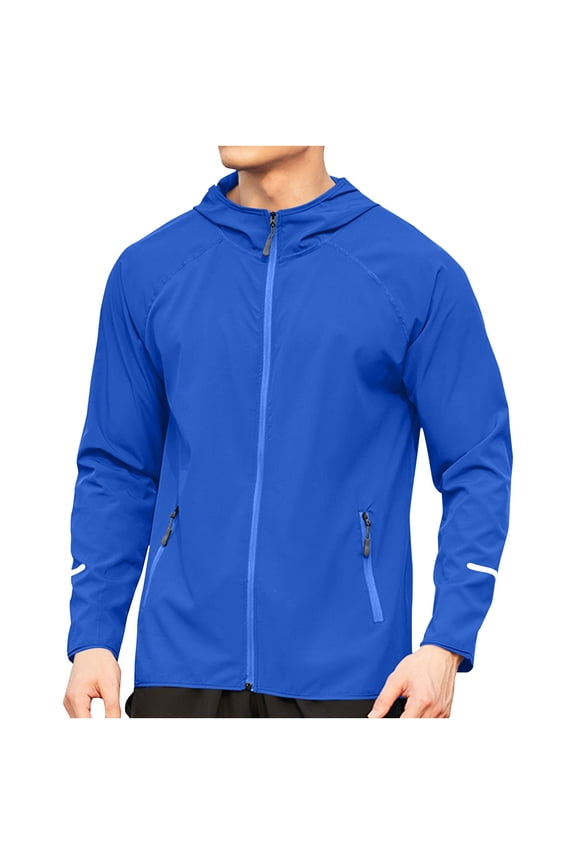 Mens Lightweight Jackets Men's Solid Color Breathable Sports and Ditness Training Long Sleeved Hooded Casual Windbreaker Jacket Blue L