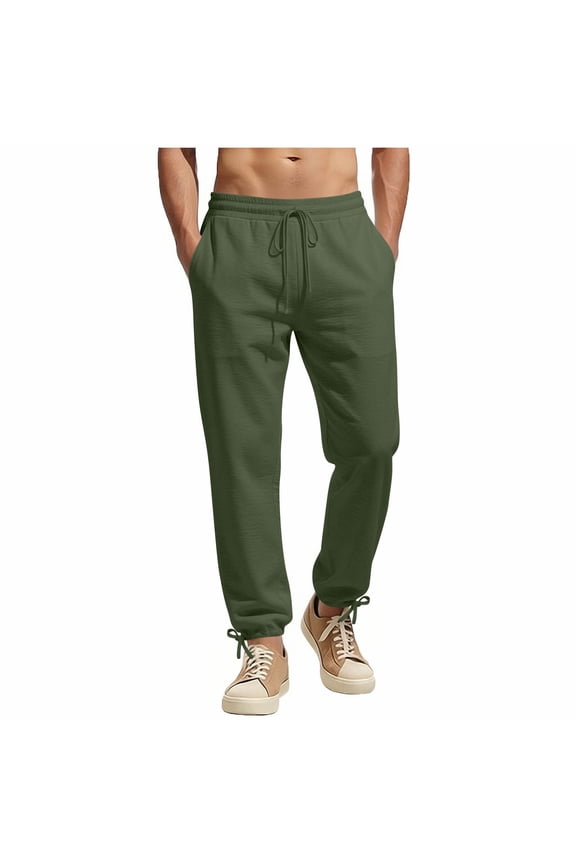 Mens Linen Pants Baggy Sweatpants Men's Casual Solid-Color Stretch Waist Drawstring Pocket Cuffed Drawstring Pants Army Green S