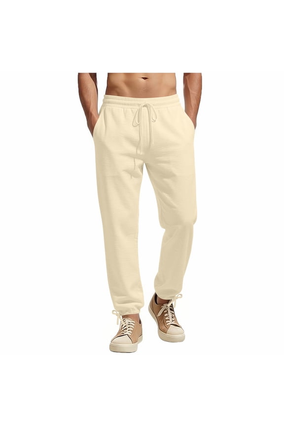 Mens Linen Pants Baggy Sweatpants Men's Casual Solid-Color Stretch Waist Drawstring Pocket Cuffed Drawstring Pants Beige S