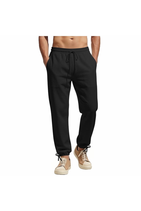Mens Linen Pants Baggy Sweatpants Men's Casual Solid-Color Stretch Waist Drawstring Pocket Cuffed Drawstring Pants Black S