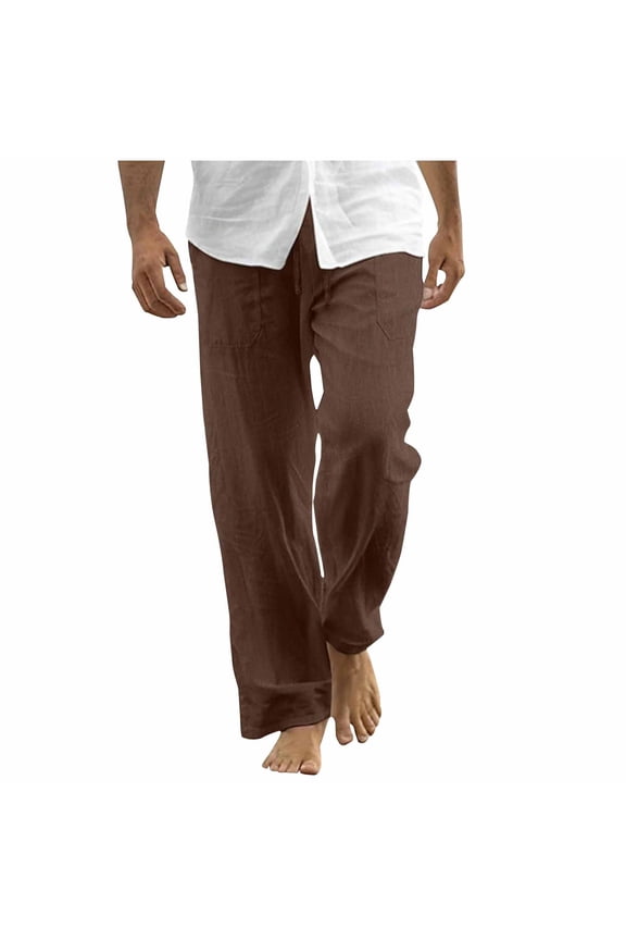 Mens Linen Pants Casual Lightweight Drawstring Elastic Waist Beach Yoga Man Leisure Pocket Draw Rope Straight Tube Easy Beach Fashion Trousers Brown 2X