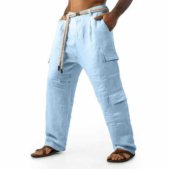 KeShDi Mens Pants Casual Gym Sweatpants Men Men's Casual Straight Leg Pants with Drawstring and Multiple Pockets Solid Color Breathable Pants Outdoor Daily Sports Men's Pants Light Blue XL