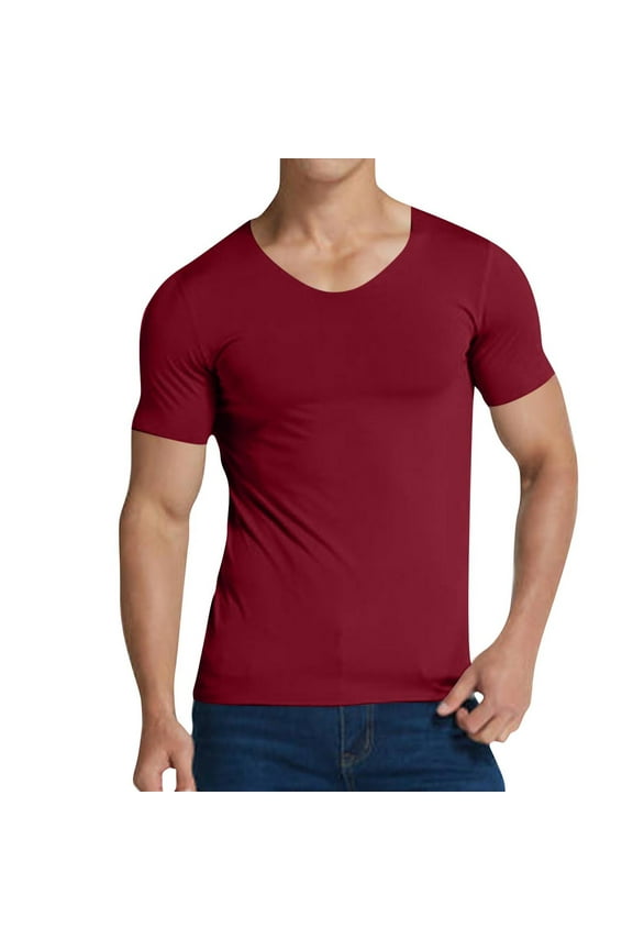 Mens Polo Shirts Short Sleeve Men's Solid Color V-Neck Short-Sleeved Pullover T-Shirt Fitness and Outdoor Seamless Stretch Tight Red 2X