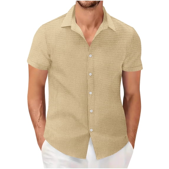 KeShDi Mens Shirts Casual Pastel Tops Dressy Summer Men's Casual Fashion Solid Color Short Sleeved Lapel Button Khaki S