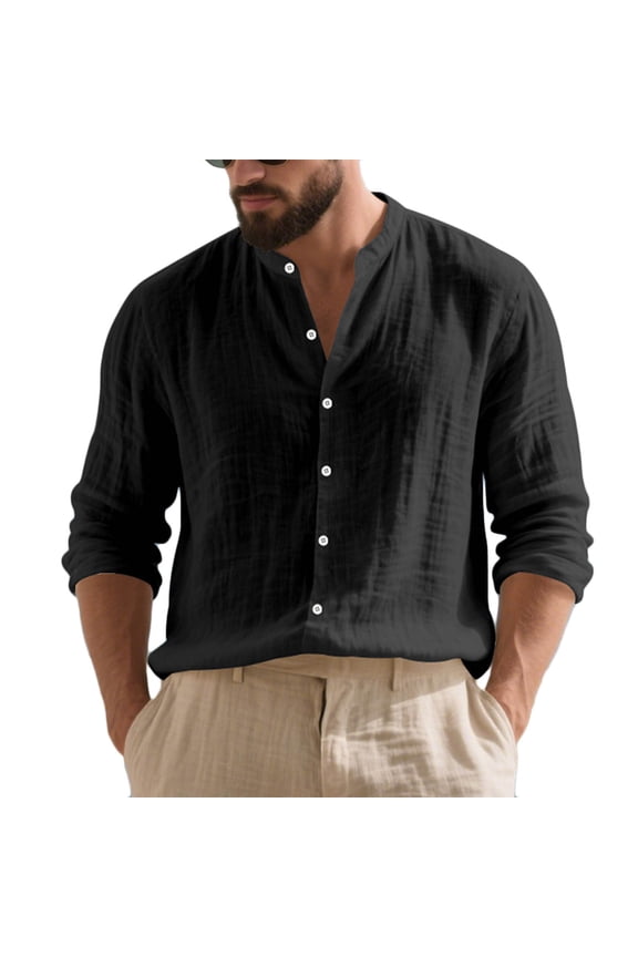 Mens Shirts Polo Shirts Men's Linen Mandarin Collar Long - Sleeve Shirt Breathable Casual Button - Down Loose Multiple Colors Black S