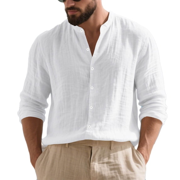KeShDi Mens Shirts Polo Shirts Men's Linen Mandarin Collar Long - Sleeve Shirt Breathable Casual Button - Down Loose Multiple Colors White S