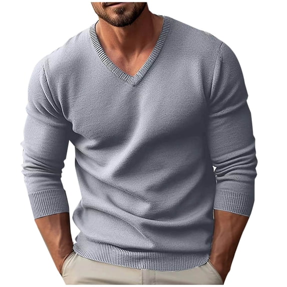 KeShDi Mens Shirts Sweater V Neck Men Casua Solid Color V Neck Pullover Thick Long Sleeved Sweater Gray M